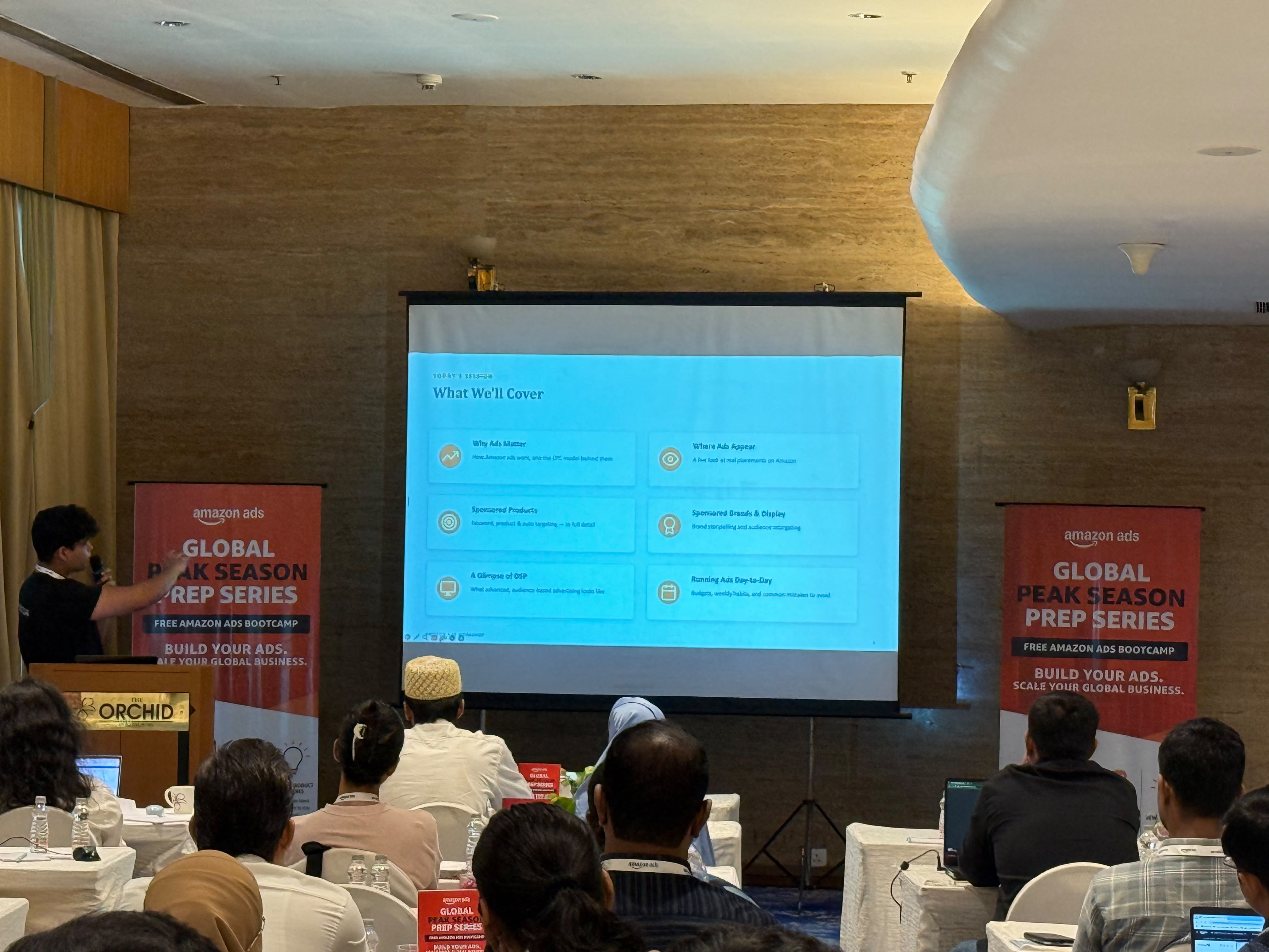 Shaurya Ithikkat presenting at the Amazon Ads Bootcamp in Surat