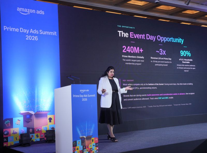 Anjum Ara presenting Full Funnel Amazon Ads with DSP & AMC at the Amazon Ads Prime Day Summit 2026 in New Delhi