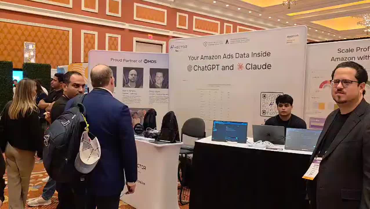 The Hector Ai booth at Prosper Show 2026 in Las Vegas, showing the 'Your Amazon Ads Data Inside ChatGPT and Claude' backdrop